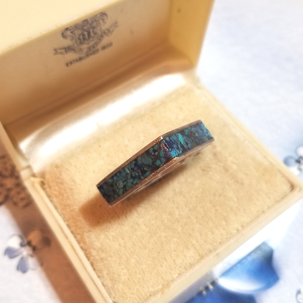 VTG TAXCO designer signed Square Crushed Turquoise Band Ring - Picture 5 of 8